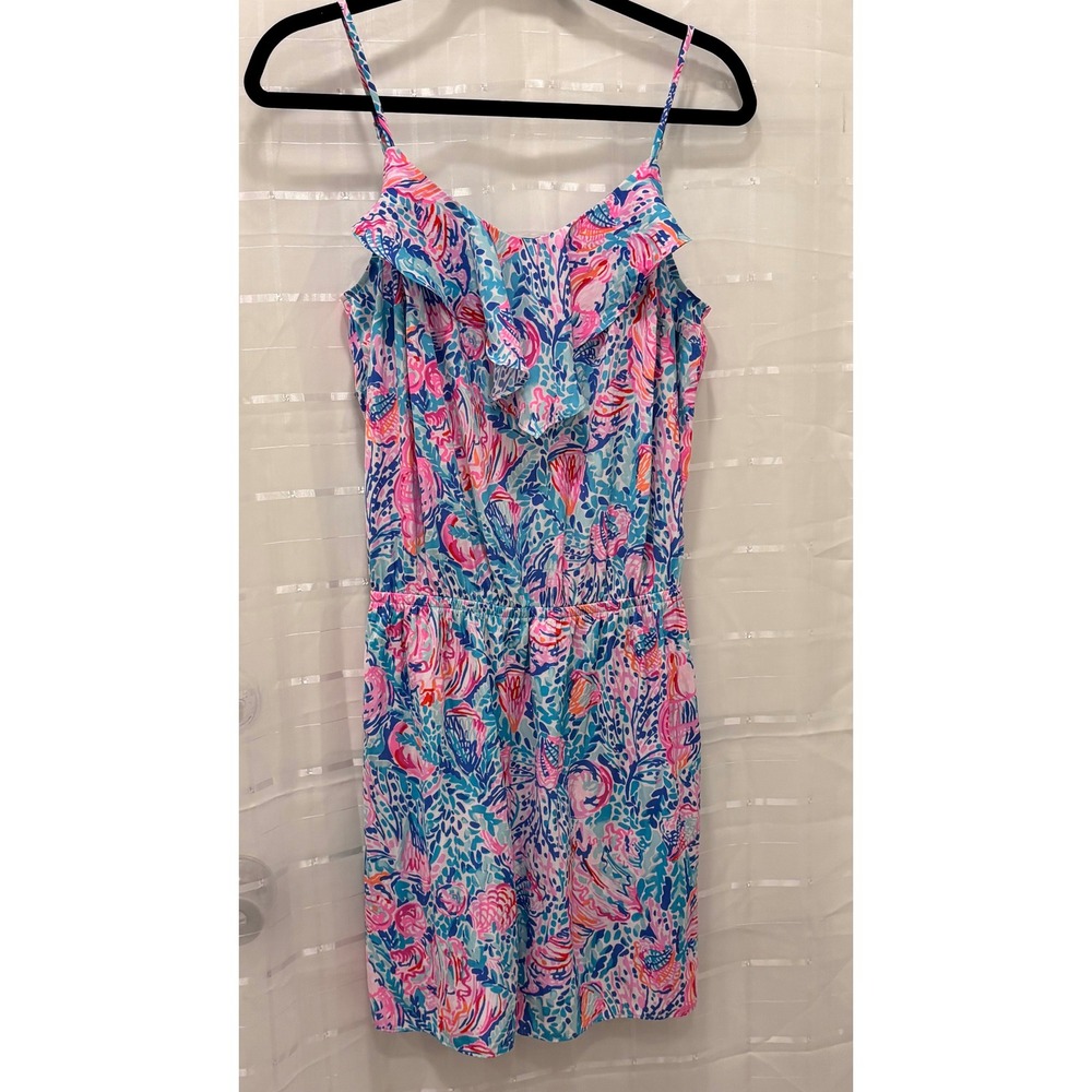 Lilly Pulitzer Pink Blue‎ Floral Ruffle V-Neck Romper Small Tropical Summer